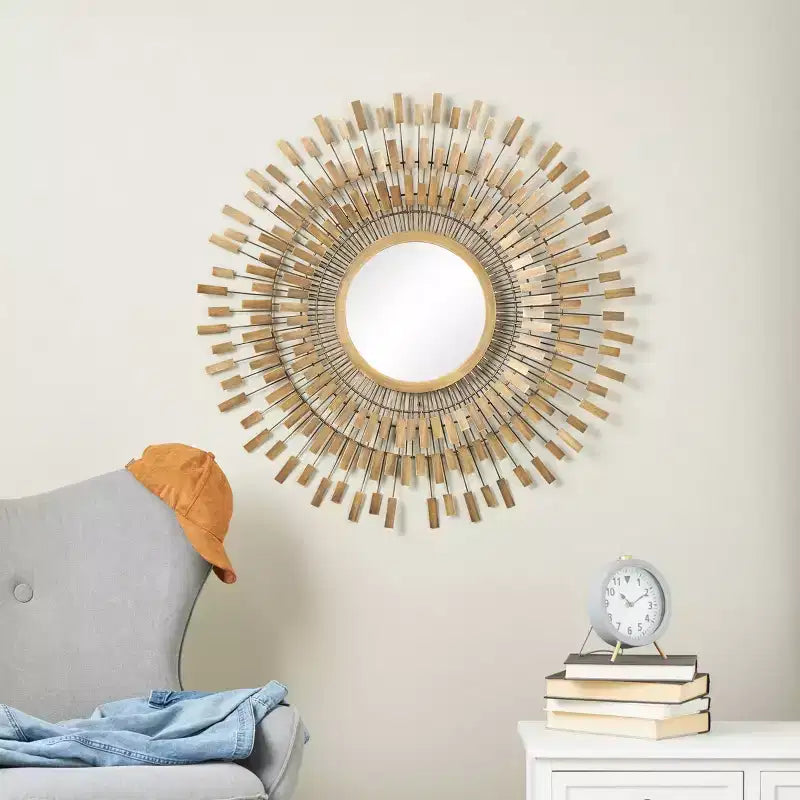 Specchio da parete a raggiera in metallo 81x81 cm – Cornice in ferro, nessun assemblaggio richiesto
