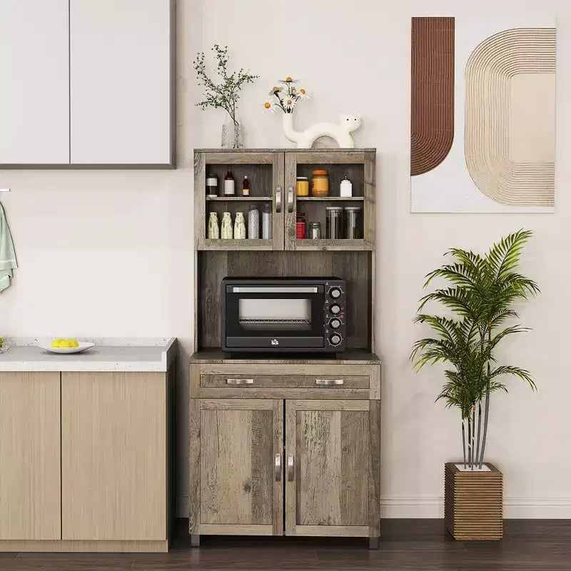 Credenza da 170 cm con cristalliera – Ante in vetro, ripiani e cassetti per dispensa da cucina