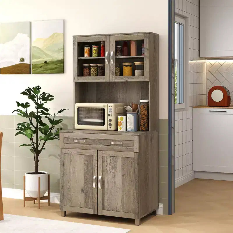 Credenza da 170 cm con cristalliera – Ante in vetro, ripiani e cassetti per dispensa da cucina