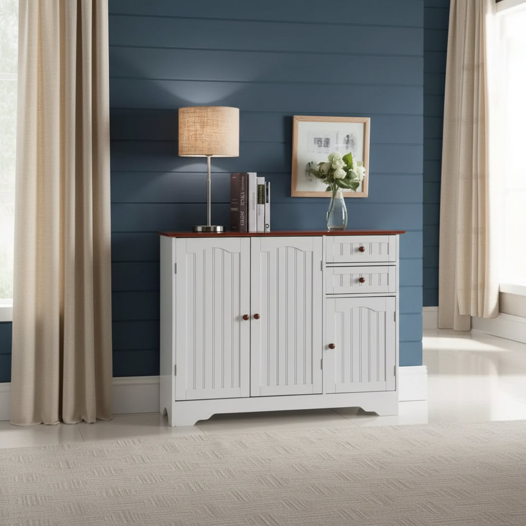 Kings Brand Furniture Habar 3-Door Wood Kitchen Storage Buffet Cabinet, White/Walnut