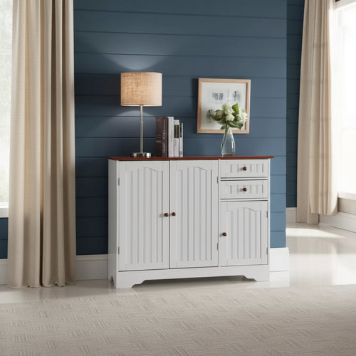 Kings Brand Furniture Habar 3-Door Wood Kitchen Storage Buffet Cabinet, White/Walnut