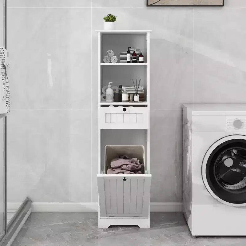 Mobile Contenitore da Bagno Alto 55'', Cesto Portabiancheria a Scomparsa Inclinabile, Mobiletto da Terra in Legno per Lavanderia o Soggiorno, Bianco