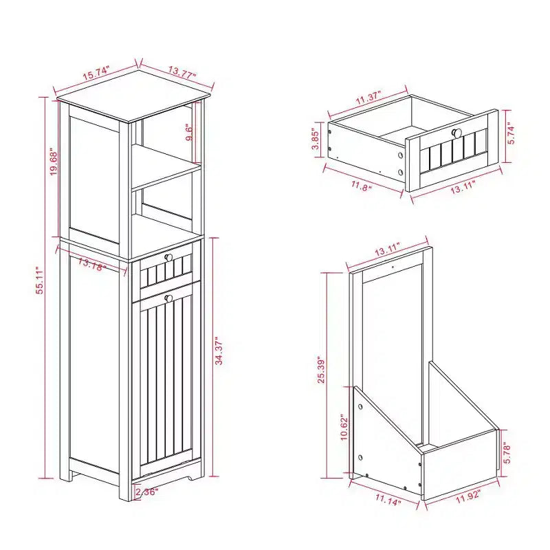Mobile Contenitore da Bagno Alto 55'', Cesto Portabiancheria a Scomparsa Inclinabile, Mobiletto da Terra in Legno per Lavanderia o Soggiorno, Bianco
