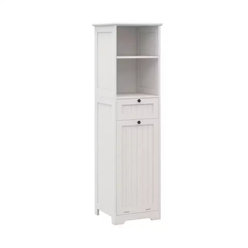 Mobile Contenitore da Bagno Alto 55'', Cesto Portabiancheria a Scomparsa Inclinabile, Mobiletto da Terra in Legno per Lavanderia o Soggiorno, Bianco