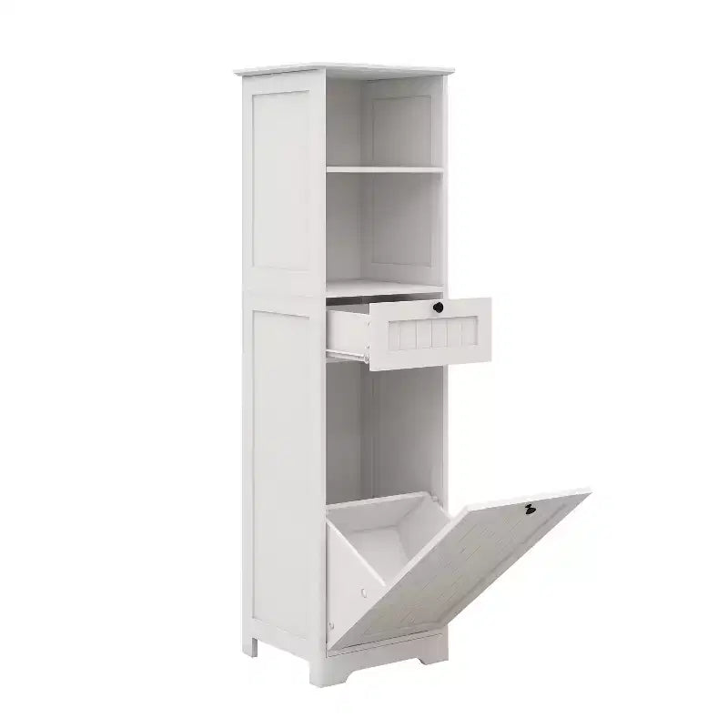 Mobile Contenitore da Bagno Alto 55'', Cesto Portabiancheria a Scomparsa Inclinabile, Mobiletto da Terra in Legno per Lavanderia o Soggiorno, Bianco