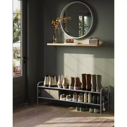 SONGMICS Shoe Rack, 2 Tier Shoe Organizer, Fabric Shoe Shelf Storage with Hooks, Holds up to 12 Pairs of Shoes, Height-Adjustable Shoe Rack