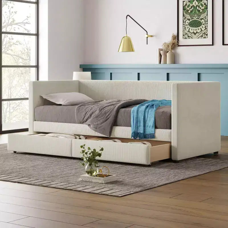 Doppio Uso: Elegante Letto Divano con Rivestimento in Velluto a Coste e Cassetti