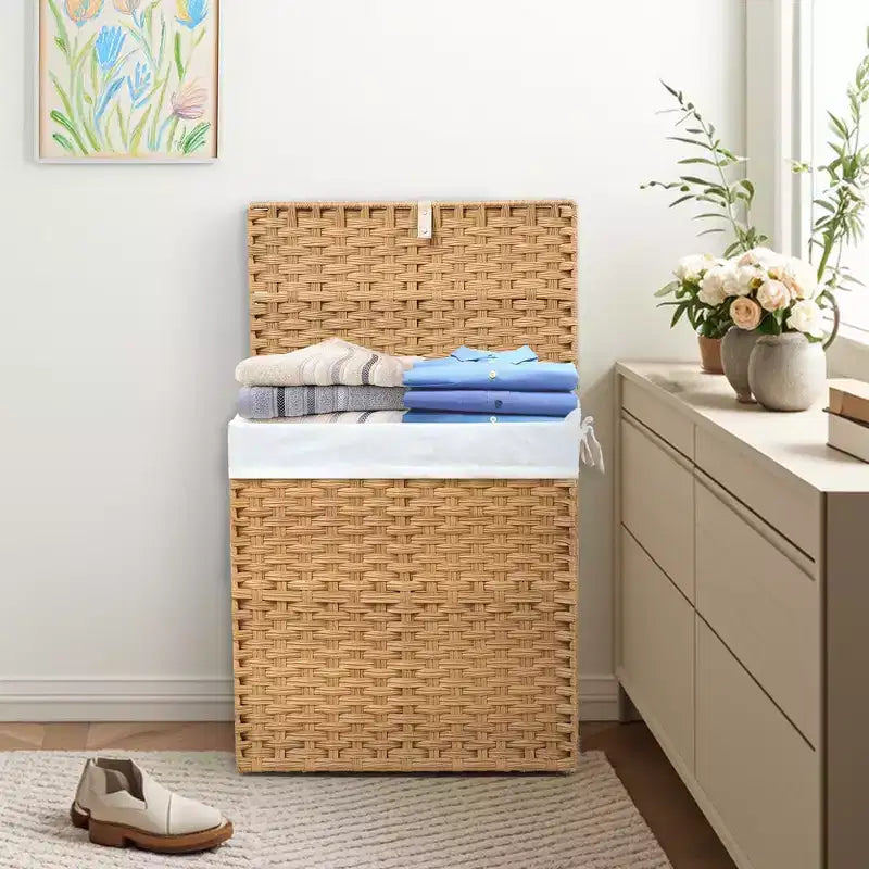 Cesta porta biancheria in vimini da 110 litri con coperchio – Pieghevole, scomparto rimovibile e rivestimento lavabile