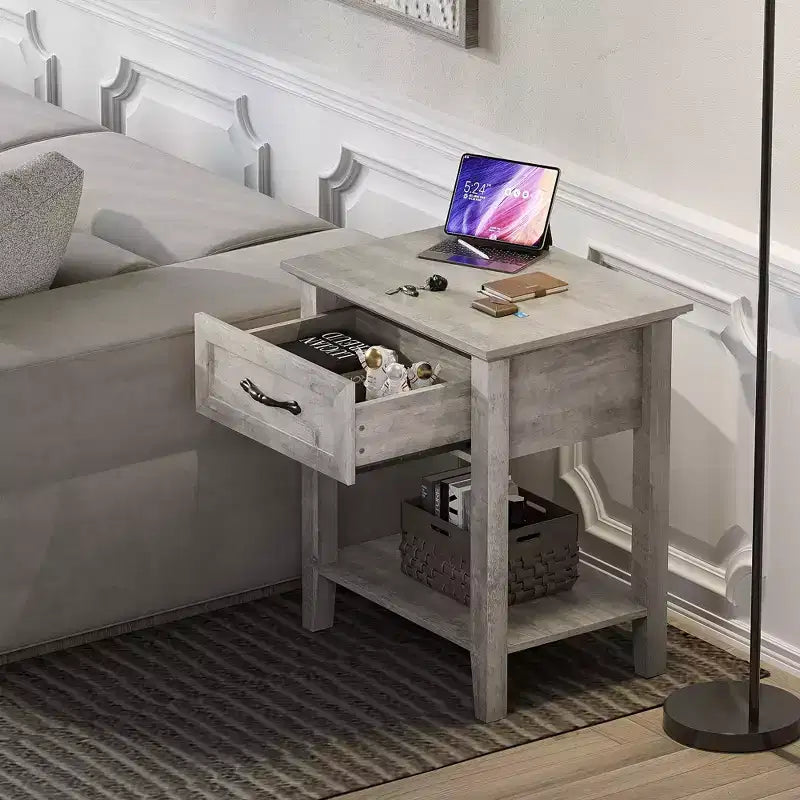 Comodino con cassetto portaoggetti e ripiano aperto – Tavolino in stile rustico