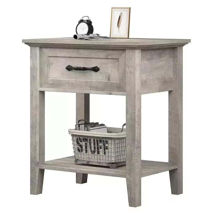 Comodino con cassetto portaoggetti e ripiano aperto – Tavolino in stile rustico