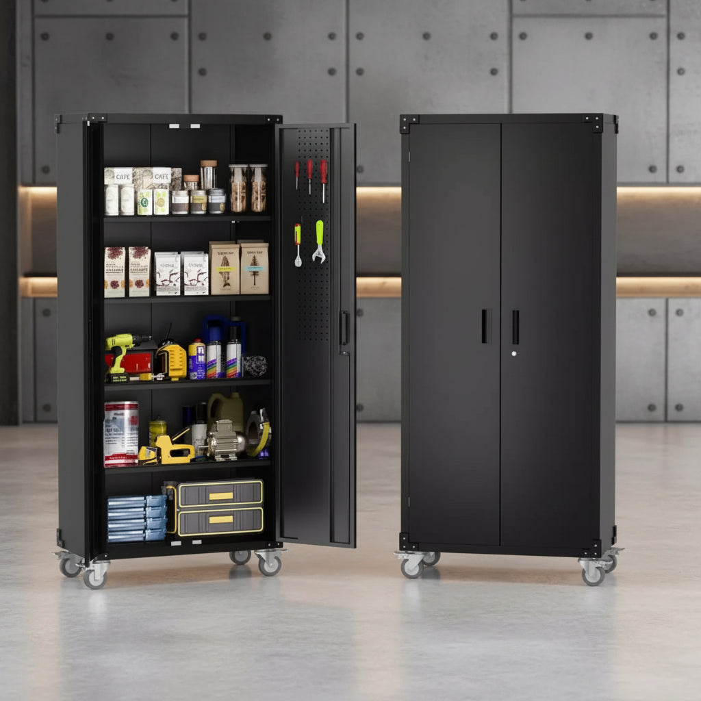 Garvee 72 inch Metal Garage Cabinet with Pegboard, Tall Storage Cabinets W/Doors & Adjustable Shelves, Black