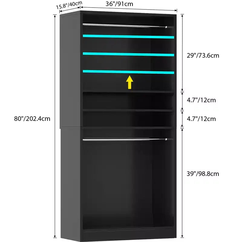 Organizzatore per armadio in legno da 36" con ripiani regolabili e aste appendiabiti