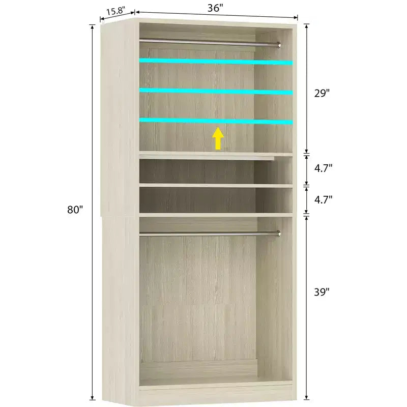 Organizzatore per armadio in legno da 36" con ripiani regolabili e aste appendiabiti
