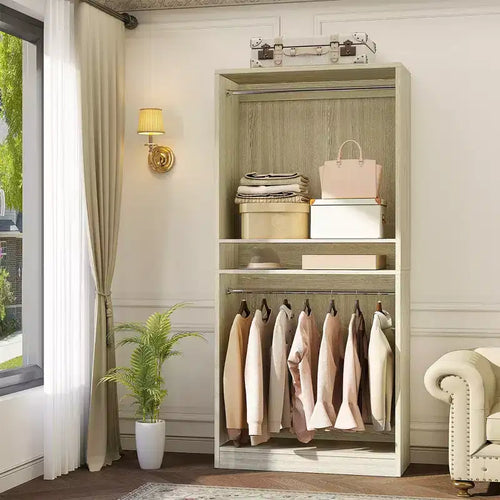 Besiost 36 Wooden Closet Organizer with Adjustable Shelves, Freestanding Wardrobe with Hanging Rails