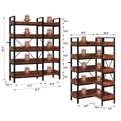 Scaffale angolare a L da 65" – Libreria a 5 ripiani in metallo stile industriale