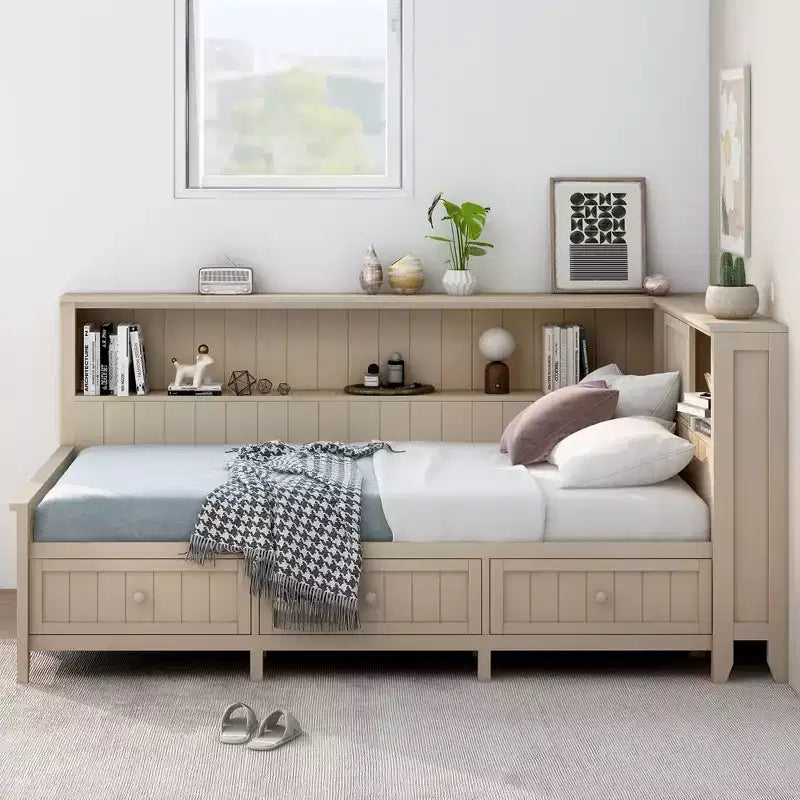 Divano Letto Singolo in Legno con 3 Cassetti e Ripiani Contenitori