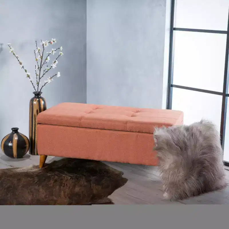 Pouf/Contenitore con Bottoni e Gambe in Legno Massello – Coperchio con Cerniere