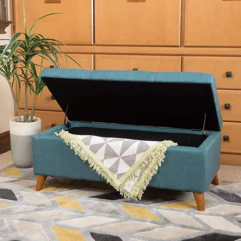 Pouf/Contenitore con Bottoni e Gambe in Legno Massello – Coperchio con Cerniere
