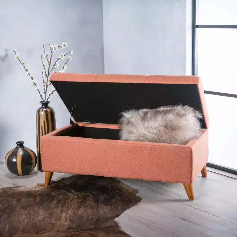 Pouf/Contenitore con Bottoni e Gambe in Legno Massello – Coperchio con Cerniere