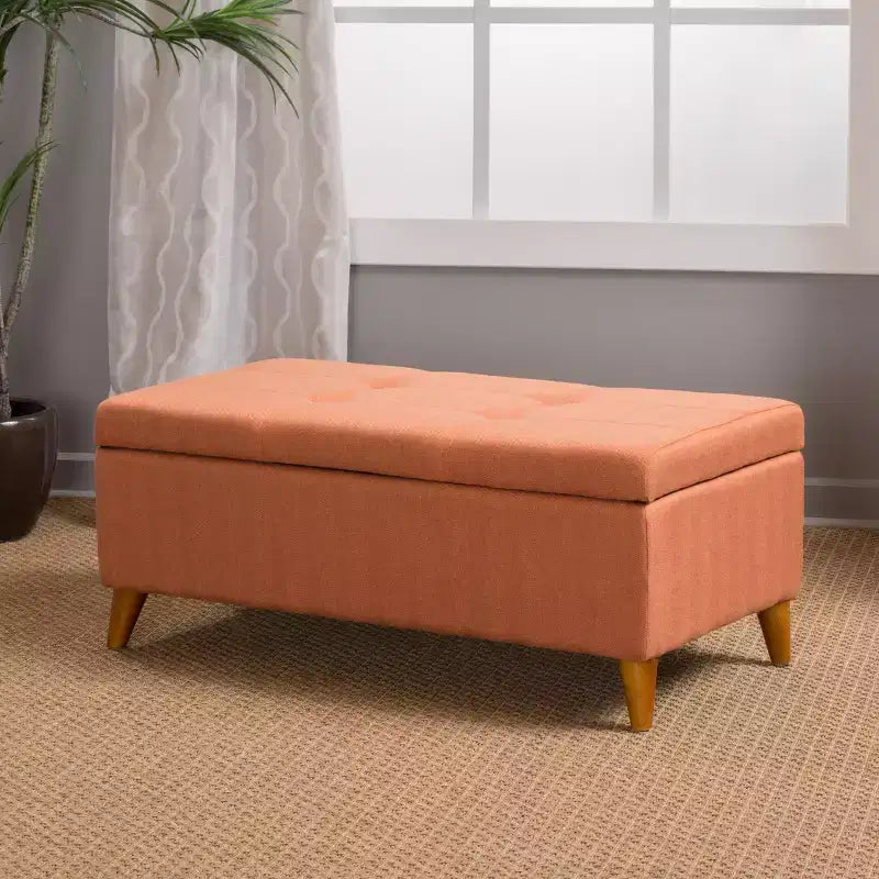 Pouf/Contenitore con Bottoni e Gambe in Legno Massello – Coperchio con Cerniere