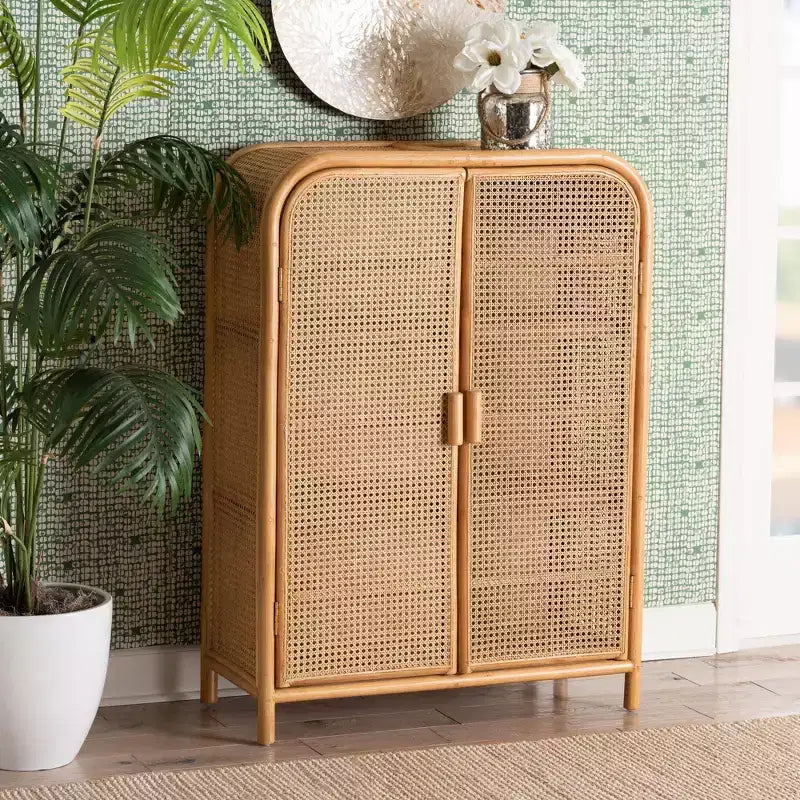 Mobile contenitore in rattan a 2 ante – Finitura miele chiaro, nessun assemblaggio richiesto