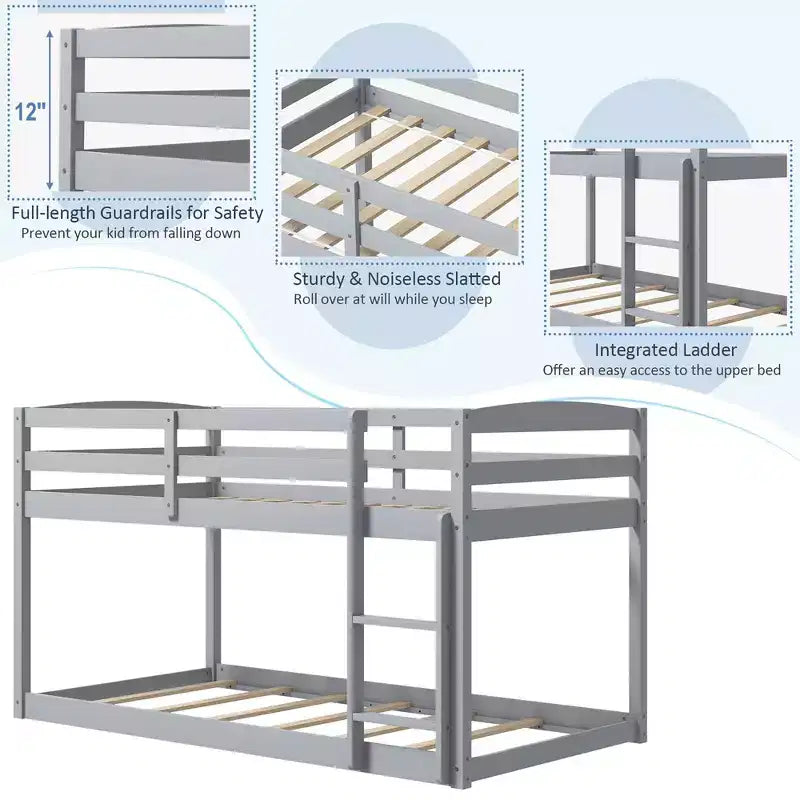 Costway Letto a Castello Basso Doppio con Sponde, Scala Integrata, in Legno per Bambini, Grigio/Bianco/Beige/Rosa