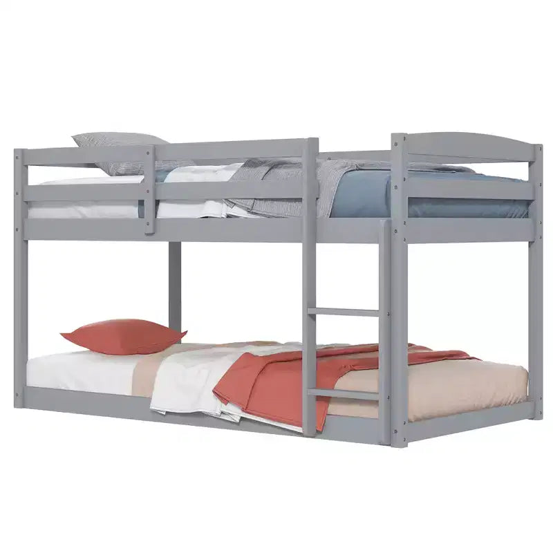 Costway Letto a Castello Basso Doppio con Sponde, Scala Integrata, in Legno per Bambini, Grigio/Bianco/Beige/Rosa