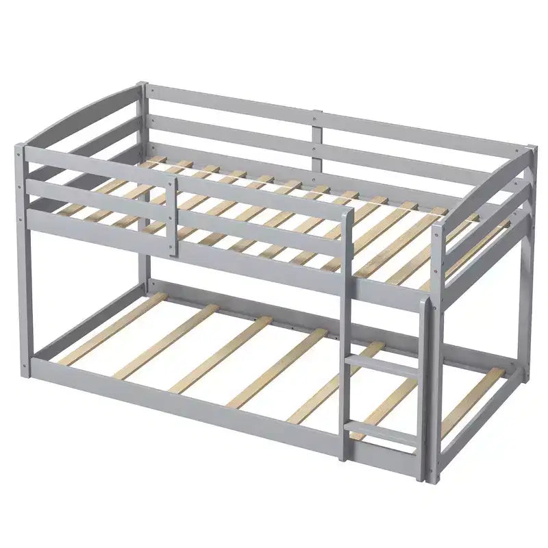 Costway Letto a Castello Basso Doppio con Sponde, Scala Integrata, in Legno per Bambini, Grigio/Bianco/Beige/Rosa