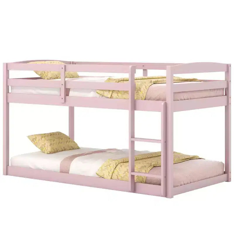 Costway Letto a Castello Basso Doppio con Sponde, Scala Integrata, in Legno per Bambini, Grigio/Bianco/Beige/Rosa