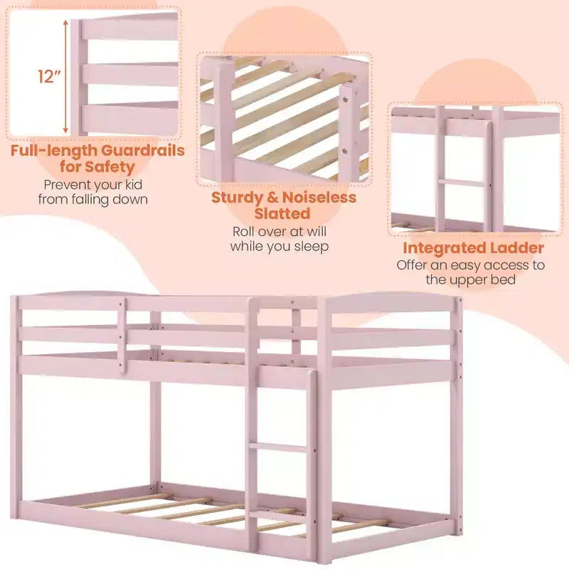 Costway Letto a Castello Basso Doppio con Sponde, Scala Integrata, in Legno per Bambini, Grigio/Bianco/Beige/Rosa