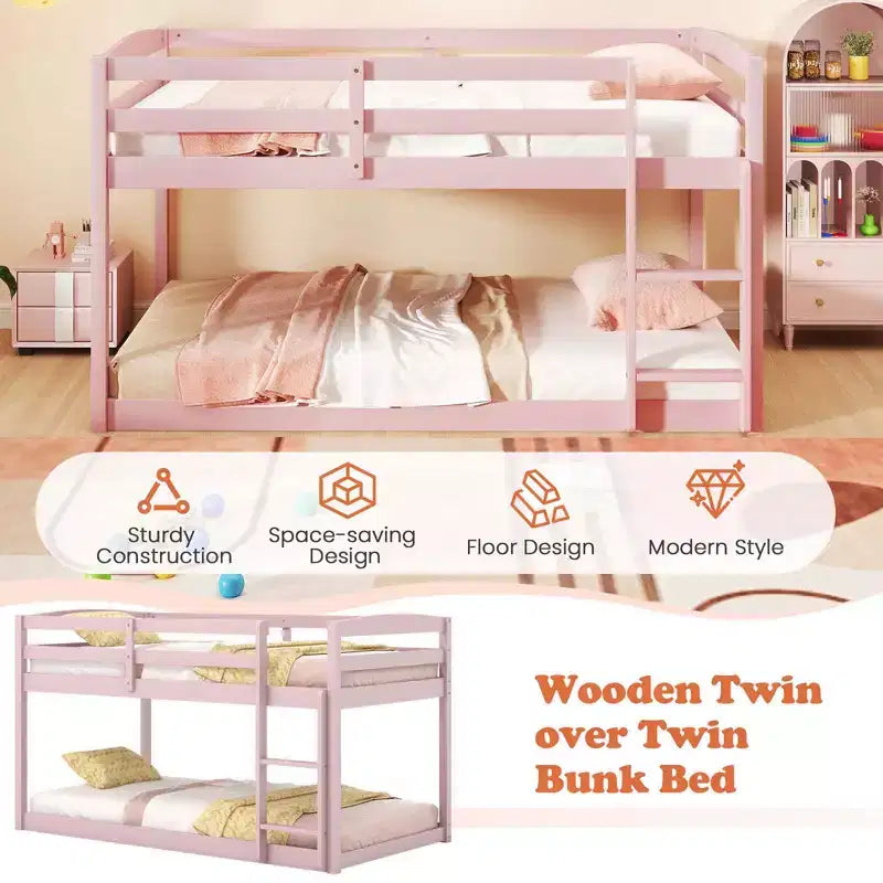 Costway Letto a Castello Basso Doppio con Sponde, Scala Integrata, in Legno per Bambini, Grigio/Bianco/Beige/Rosa