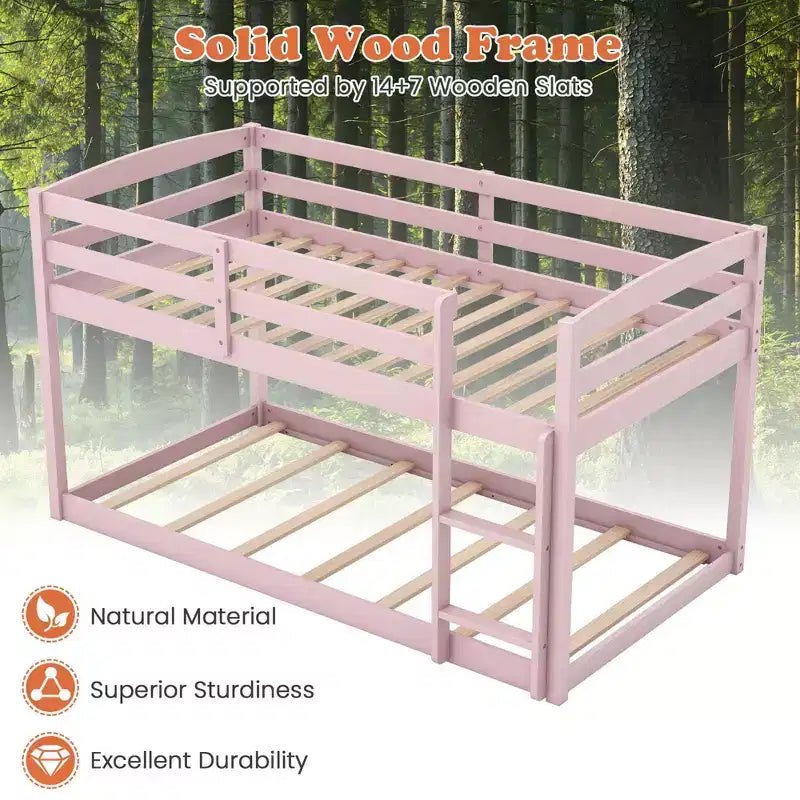 Costway Letto a Castello Basso Doppio con Sponde, Scala Integrata, in Legno per Bambini, Grigio/Bianco/Beige/Rosa