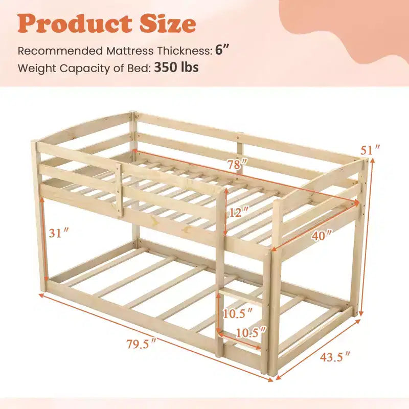 Costway Letto a Castello Basso Doppio con Sponde, Scala Integrata, in Legno per Bambini, Grigio/Bianco/Beige/Rosa