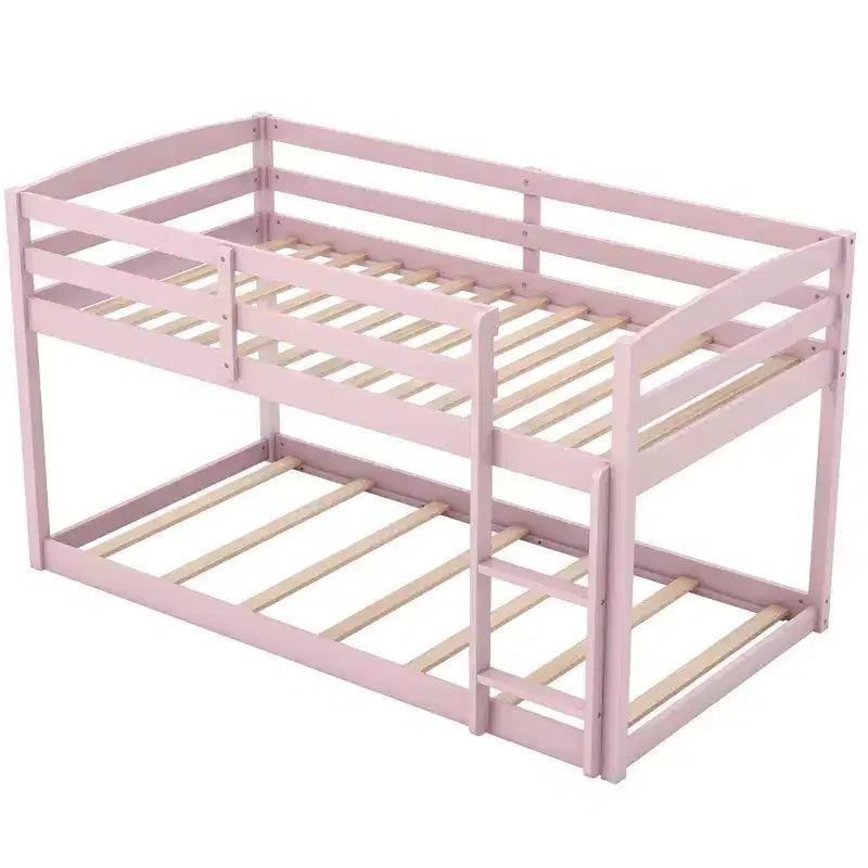 Costway Letto a Castello Basso Doppio con Sponde, Scala Integrata, in Legno per Bambini, Grigio/Bianco/Beige/Rosa
