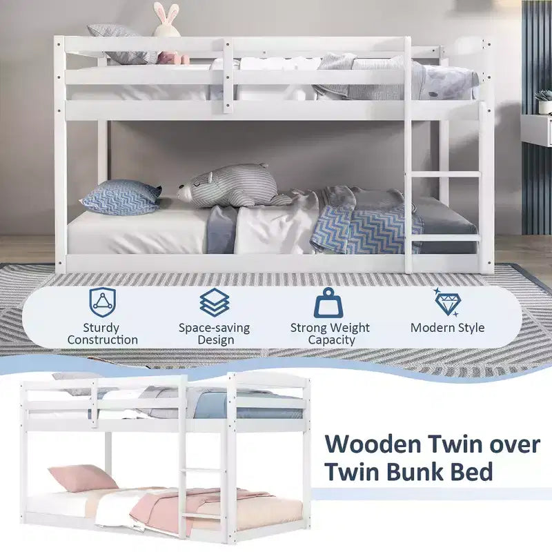 Costway Letto a Castello Basso Doppio con Sponde, Scala Integrata, in Legno per Bambini, Grigio/Bianco/Beige/Rosa