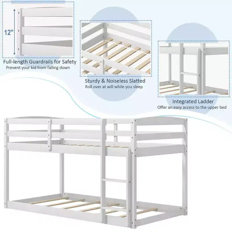 Costway Letto a Castello Basso Doppio con Sponde, Scala Integrata, in Legno per Bambini, Grigio/Bianco/Beige/Rosa