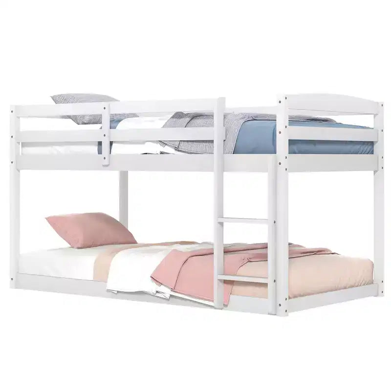 Costway Letto a Castello Basso Doppio con Sponde, Scala Integrata, in Legno per Bambini, Grigio/Bianco/Beige/Rosa