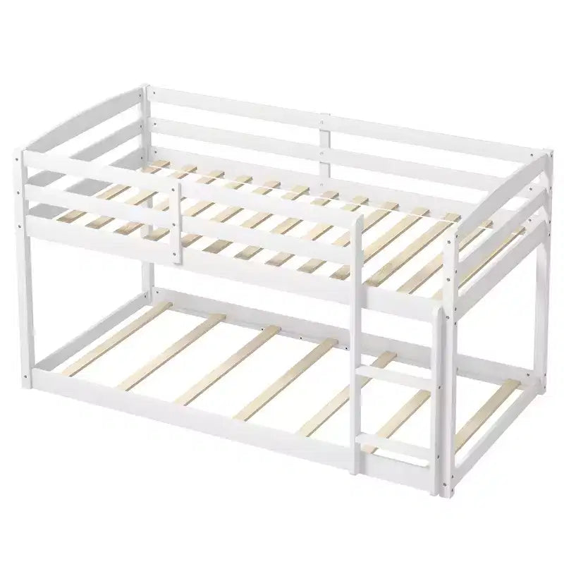Costway Letto a Castello Basso Doppio con Sponde, Scala Integrata, in Legno per Bambini, Grigio/Bianco/Beige/Rosa