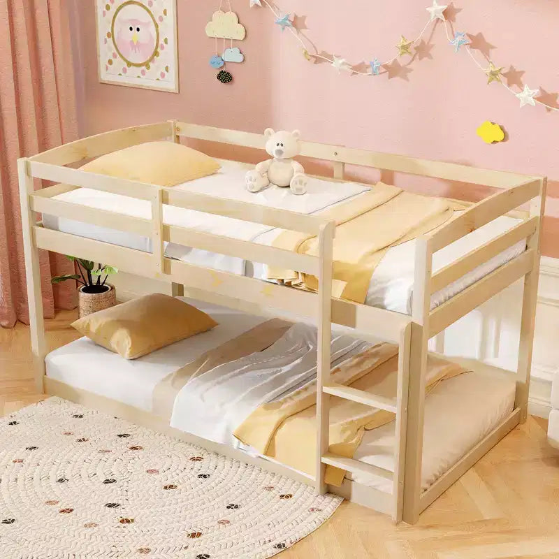 Costway Letto a Castello Basso Doppio con Sponde, Scala Integrata, in Legno per Bambini, Grigio/Bianco/Beige/Rosa