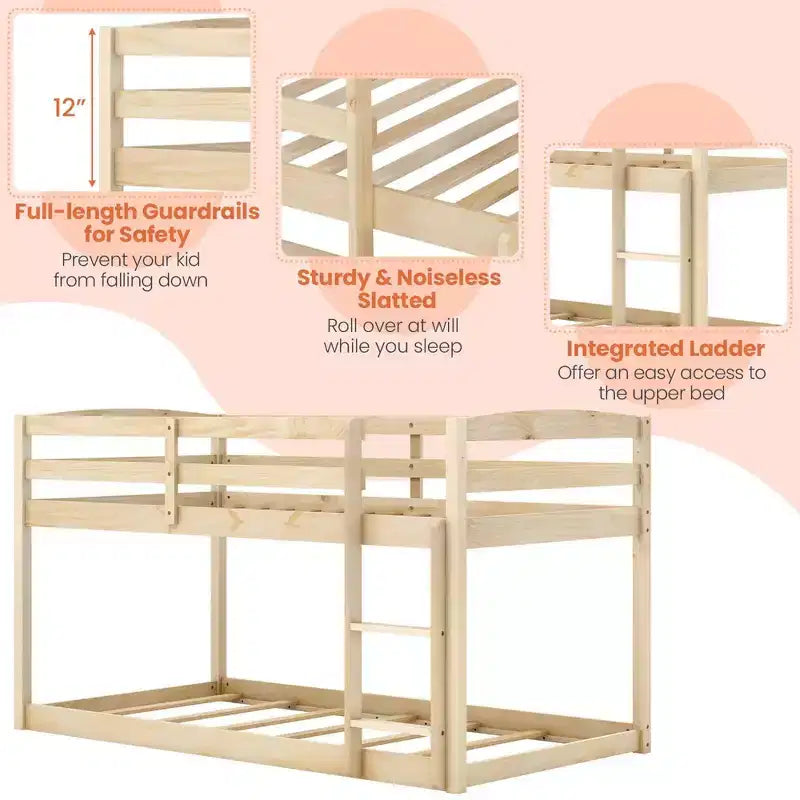 Costway Letto a Castello Basso Doppio con Sponde, Scala Integrata, in Legno per Bambini, Grigio/Bianco/Beige/Rosa