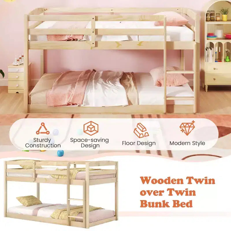 Costway Letto a Castello Basso Doppio con Sponde, Scala Integrata, in Legno per Bambini, Grigio/Bianco/Beige/Rosa