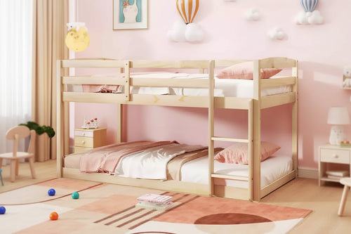 Costway Twin over Twin Low Bunk Bed with Guardrails Integrated Ladder Kids Wooden Grey/White/Beige/Pink