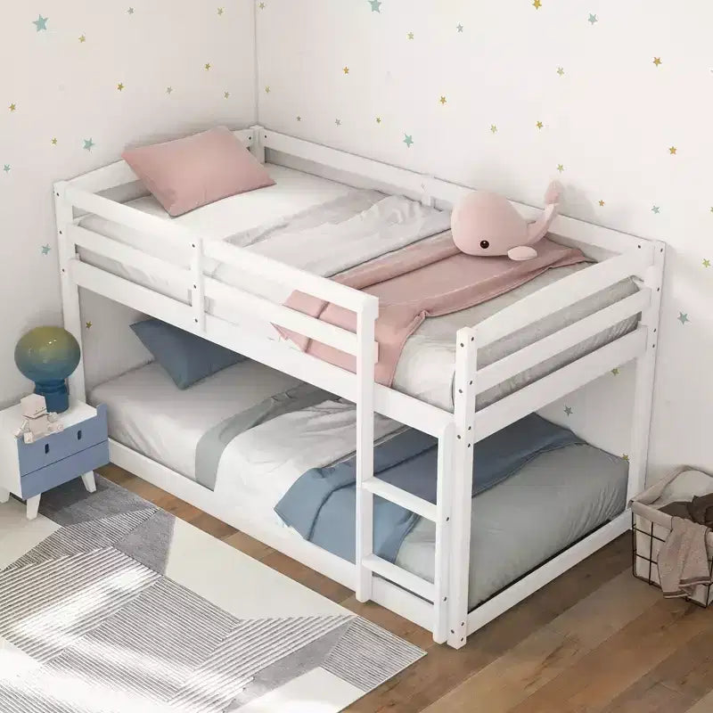 Costway Letto a Castello Basso Doppio con Sponde, Scala Integrata, in Legno per Bambini, Grigio/Bianco/Beige/Rosa