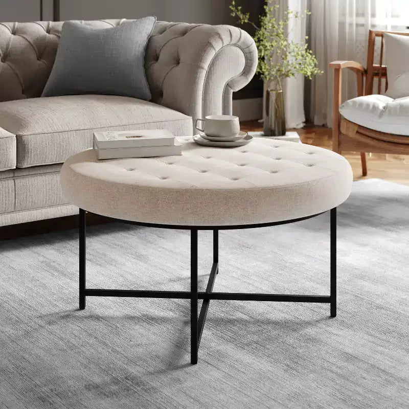 Flash Furniture Ashton Poggiapiedi rotondo imbottito in cotone e lino da 34" con struttura in metallo