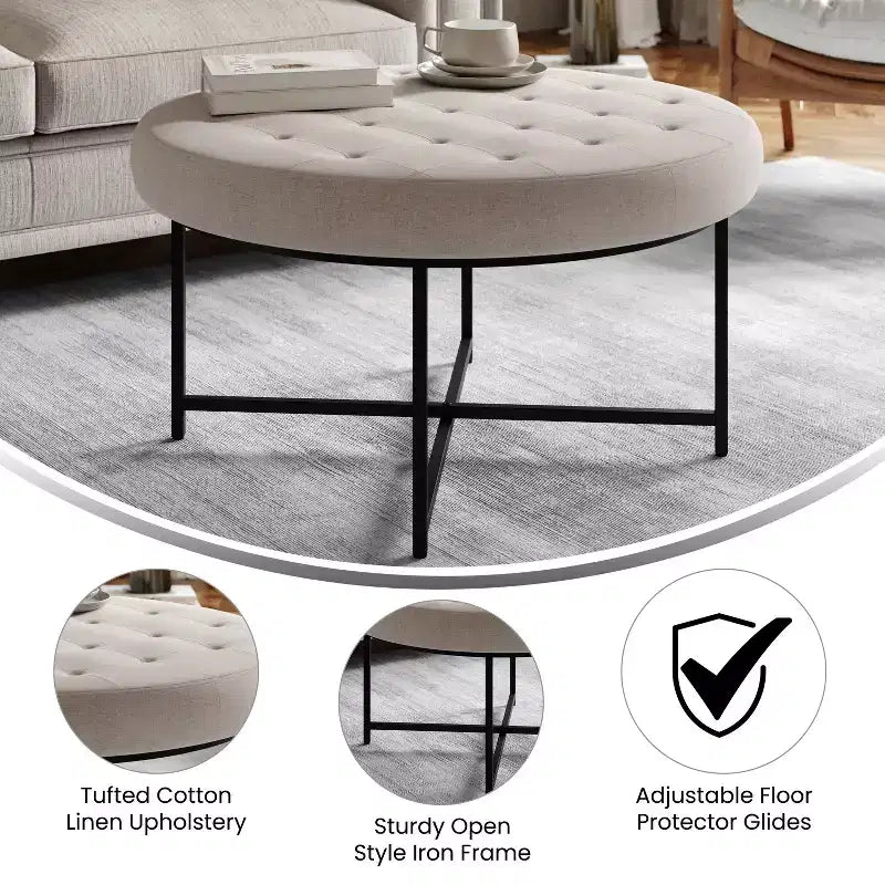 Flash Furniture Ashton Poggiapiedi rotondo imbottito in cotone e lino da 34" con struttura in metallo