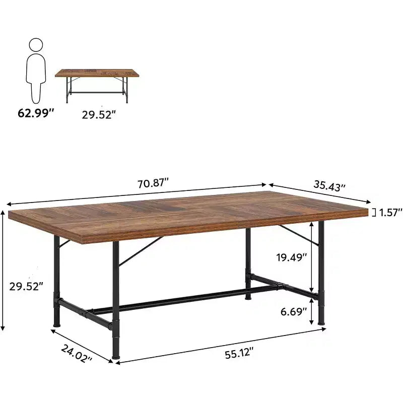 Tavolo da pranzo rettangolare da 70,9" per 6-8 persone – Piano in legno e struttura in metallo tubolare