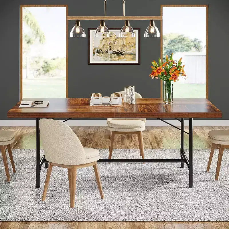 Tavolo da pranzo rettangolare da 70,9" per 6-8 persone – Piano in legno e struttura in metallo tubolare