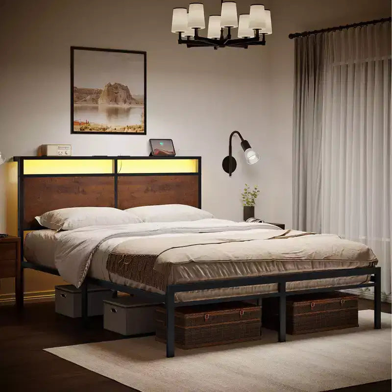 Struttura Letto Vintage con Contenitore e Testiera a LED – Non Richiede Rete a Doghe