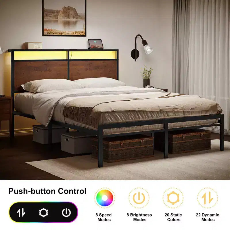 Struttura Letto Vintage con Contenitore e Testiera a LED – Non Richiede Rete a Doghe