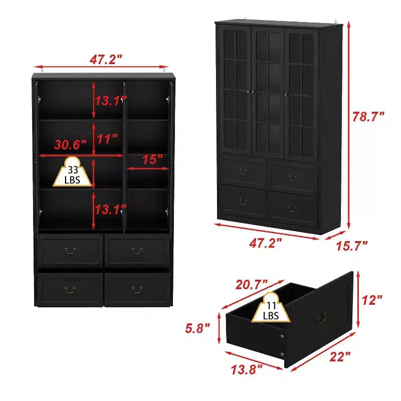 Vetrina con anta in vetro da 47" – Dispensa da Cucina in Legno, Nera